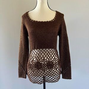 Nado Crochet Knit Sweater Brown Gold Cotton Boho Festival Whimsigoth Medium